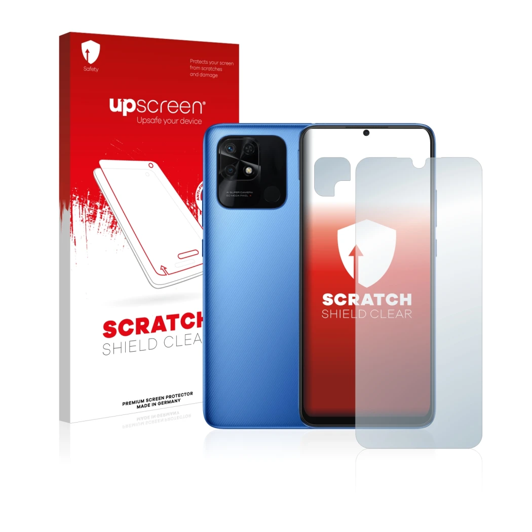 Vorderseite einer Produktverpackung mit dem Markenlogo upscreen. Daneben ist das Gerät Xiaomi Redmi 10C (Display+Kamera) mit d