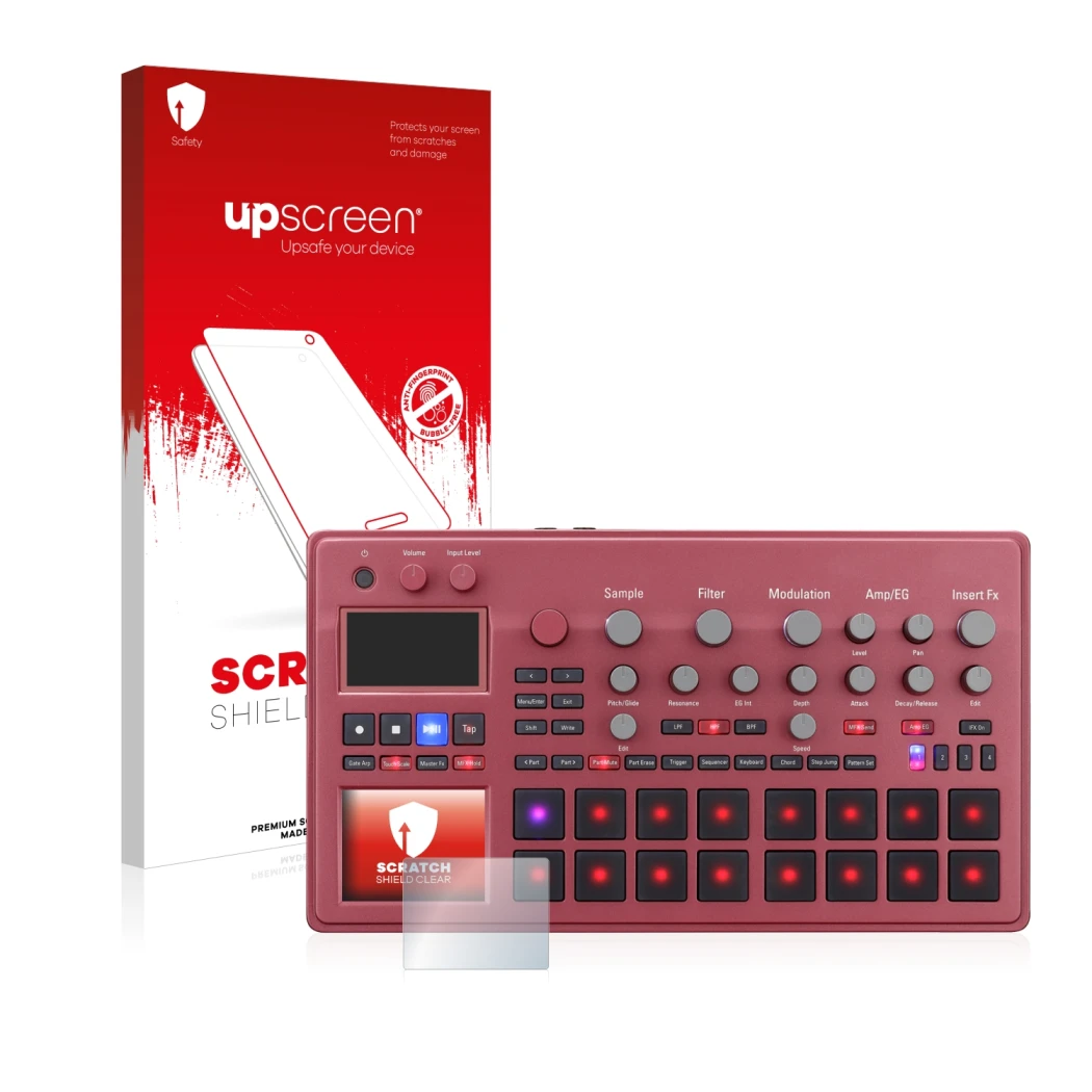 Vorderseite einer Produktverpackung mit dem Markenlogo upscreen. Daneben ist das Gerät KORG electribe Sampler mit dem zugehöri