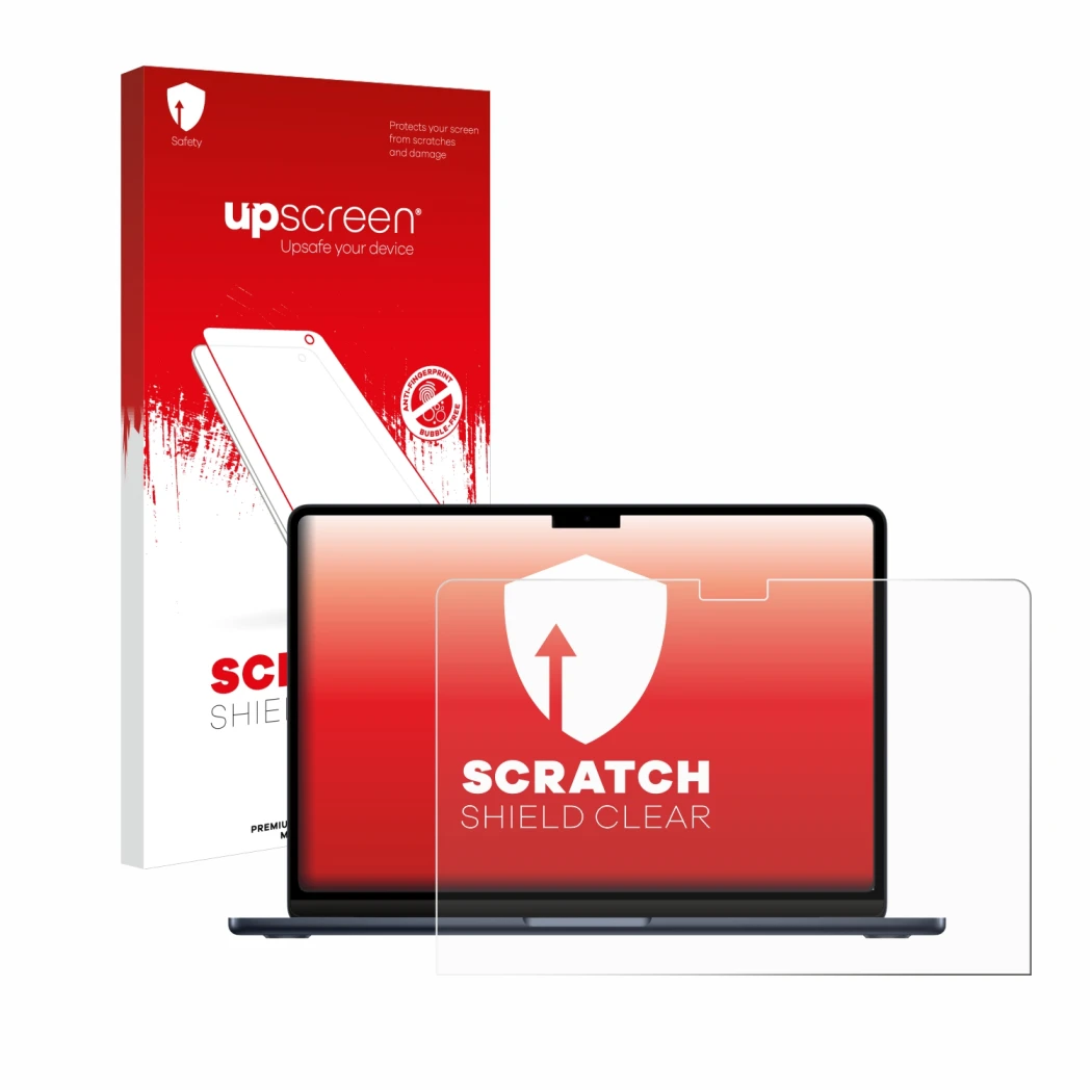 Vorderseite einer Produktverpackung mit dem Markenlogo upscreen. Daneben ist das Gerät Apple MacBook Air 13