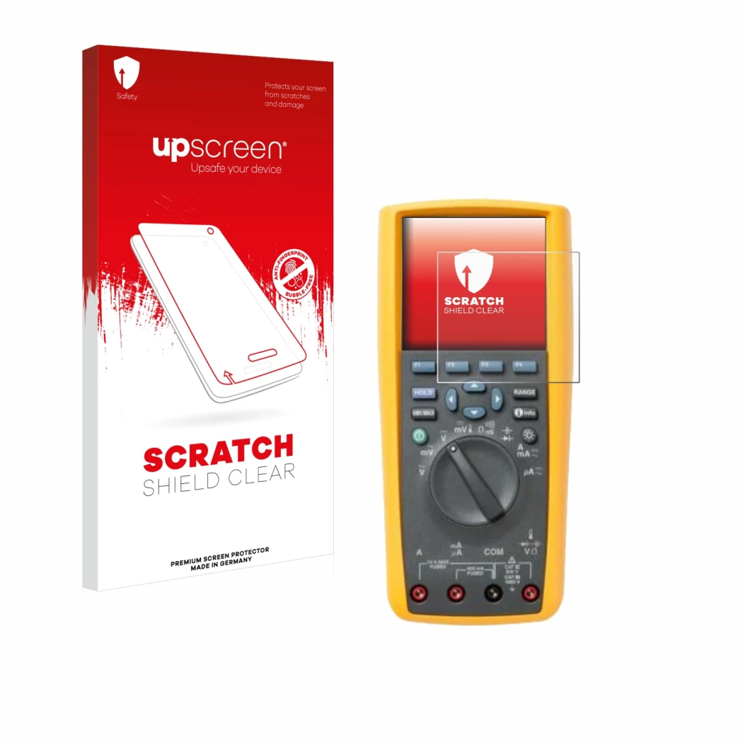 Vorderseite einer Produktverpackung mit dem Markenlogo upscreen. Daneben ist das Gerät Fluke 287 mit dem zugehörigen Displaysc
