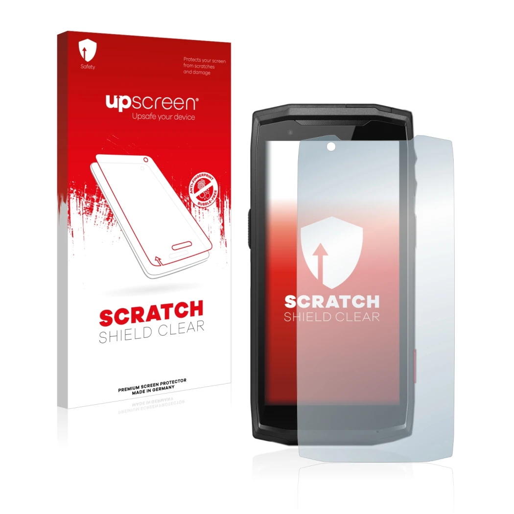 Vorderseite einer Produktverpackung mit dem Markenlogo upscreen. Daneben ist das Gerät Crosscall Core-M5 mit dem zugehörigen D