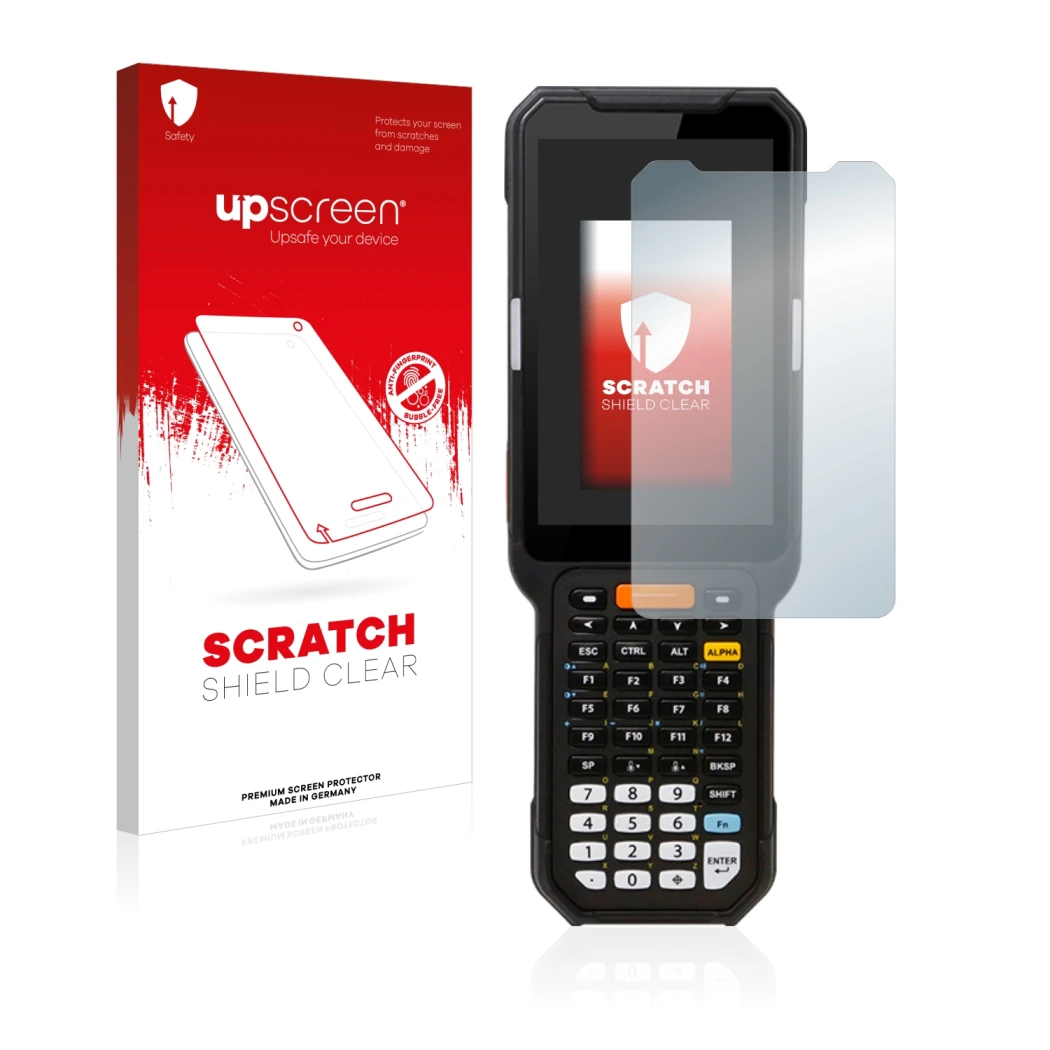 Vorderseite einer Produktverpackung mit dem Markenlogo upscreen. Daneben ist das Gerät Point Mobile PM451 mit dem zugehörigen
