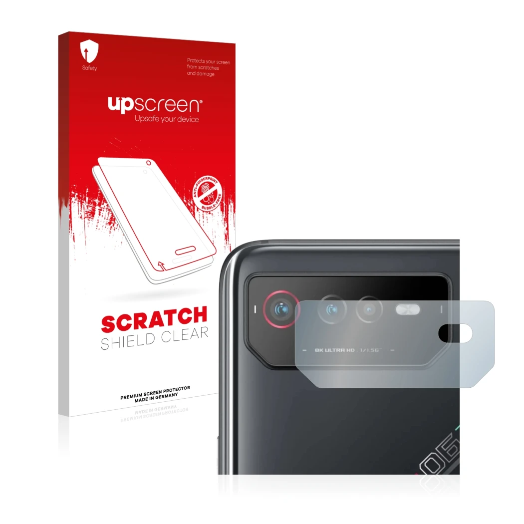 Vorderseite einer Produktverpackung mit dem Markenlogo upscreen. Daneben ist das Gerät ASUS ROG Phone 6 (NUR Kameraschutz) mit