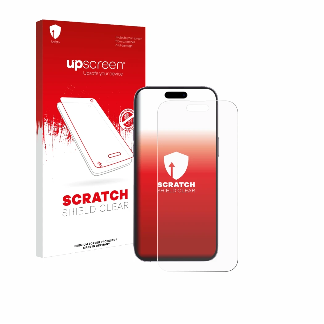 Vorderseite einer Produktverpackung mit dem Markenlogo upscreen. Daneben ist das Gerät Apple iPhone 14 Pro Max mit dem zugehör
