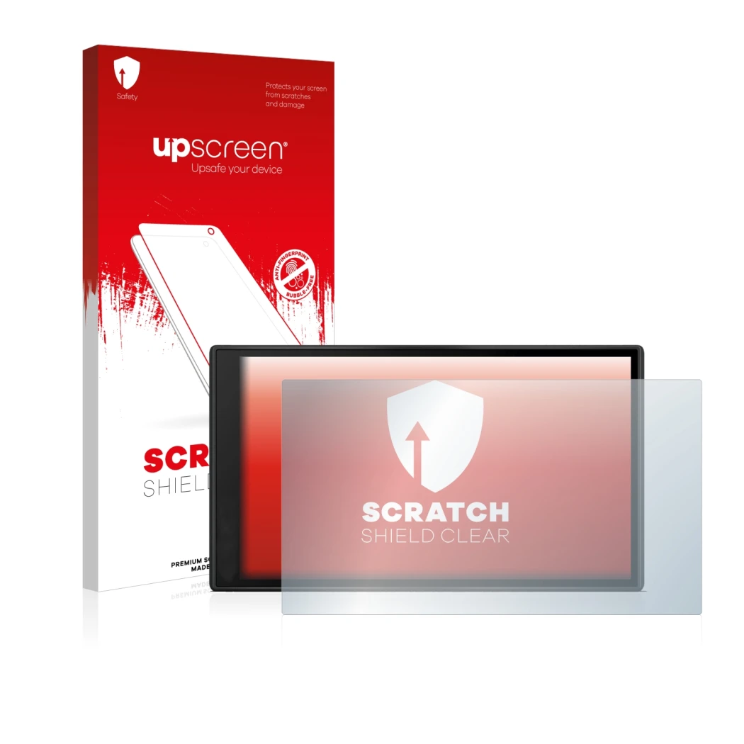 Vorderseite einer Produktverpackung mit dem Markenlogo upscreen. Daneben ist das Gerät Garmin DriveSmart 66 mit dem zugehörige