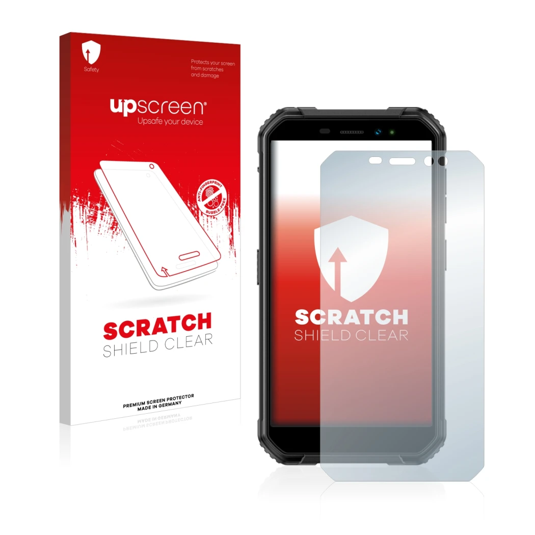 Vorderseite einer Produktverpackung mit dem Markenlogo upscreen. Daneben ist das Gerät Ulefone Armor X6 Pro mit dem zugehörige