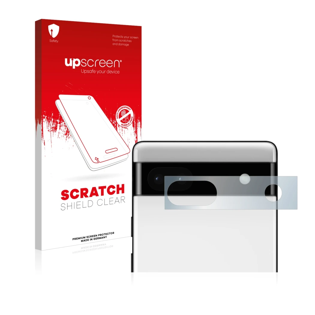 Vorderseite einer Produktverpackung mit dem Markenlogo upscreen. Daneben ist das Gerät Google Pixel 6a (NUR Kameraschutz) mit 