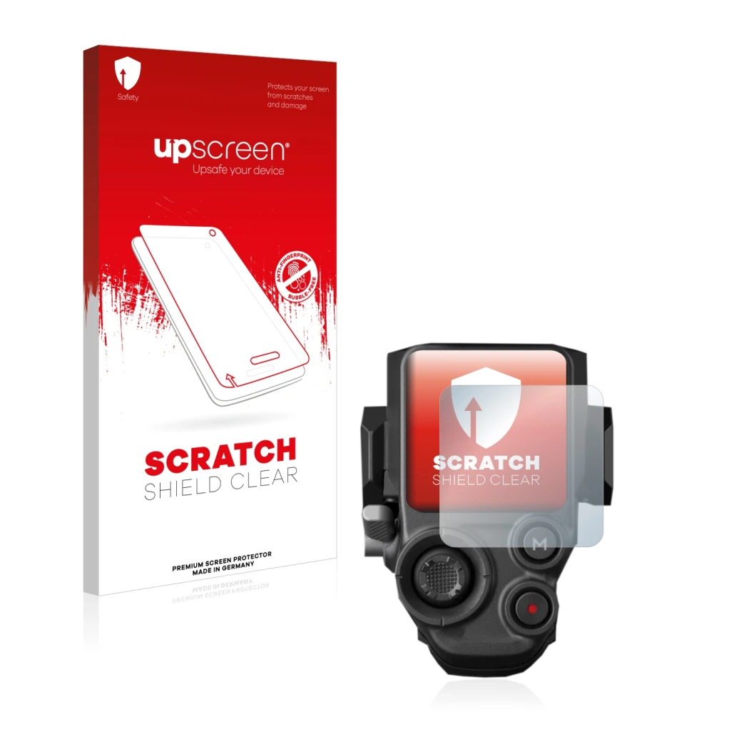 Vorderseite einer Produktverpackung mit dem Markenlogo upscreen. Daneben ist das Gerät DJI RS 3 mit dem zugehörigen Displaysch