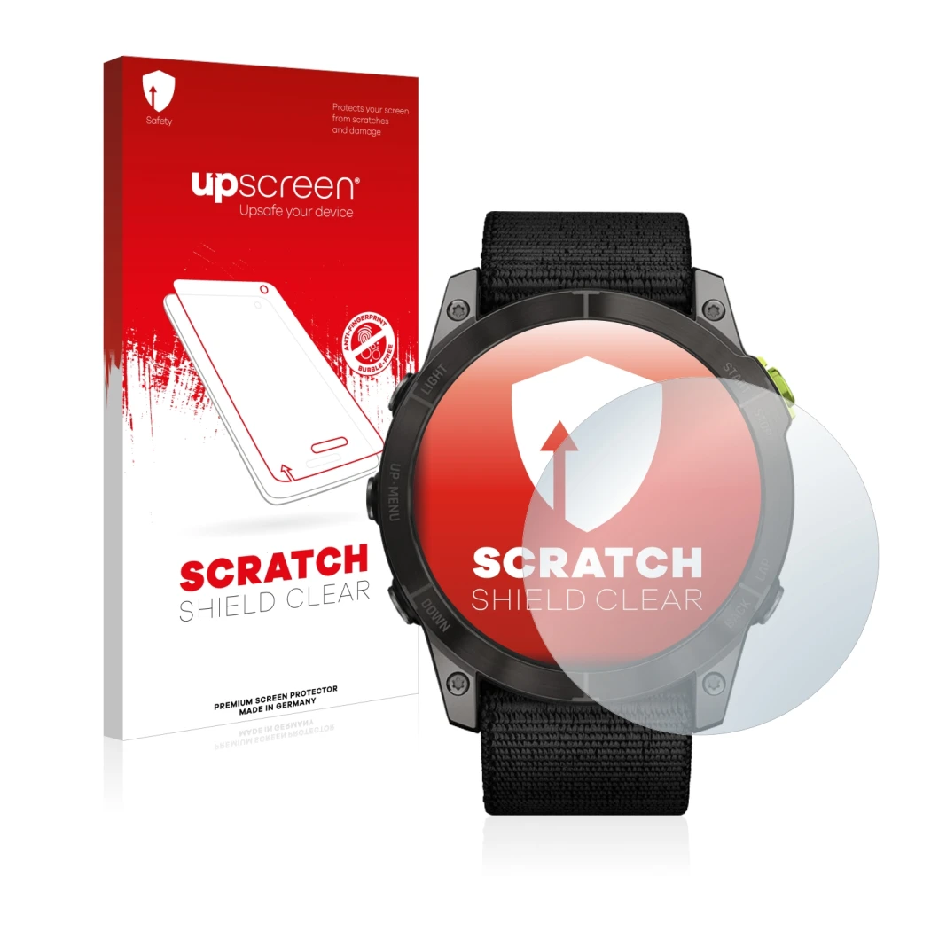 Vorderseite einer Produktverpackung mit dem Markenlogo upscreen. Daneben ist das Gerät Garmin Enduro 2 mit dem zugehörigen Dis