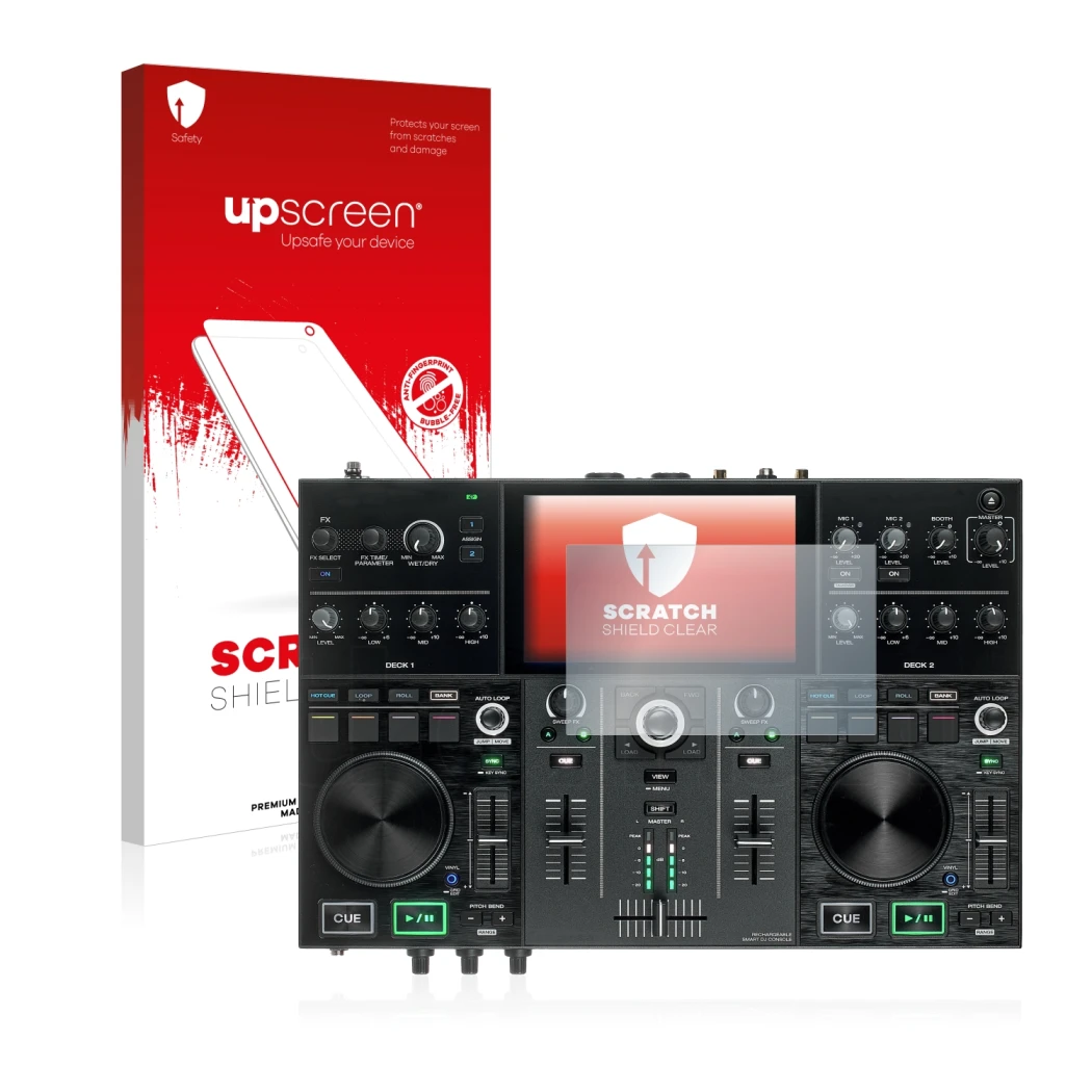 Vorderseite einer Produktverpackung mit dem Markenlogo upscreen. Daneben ist das Gerät Denon DJ Prime Go mit dem zugehörigen D