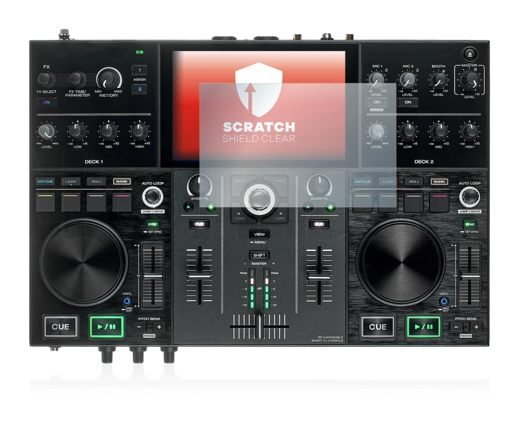 Abbildung des Geräts Denon DJ Prime Go mit einer Vielzahl des Displayschutzes.