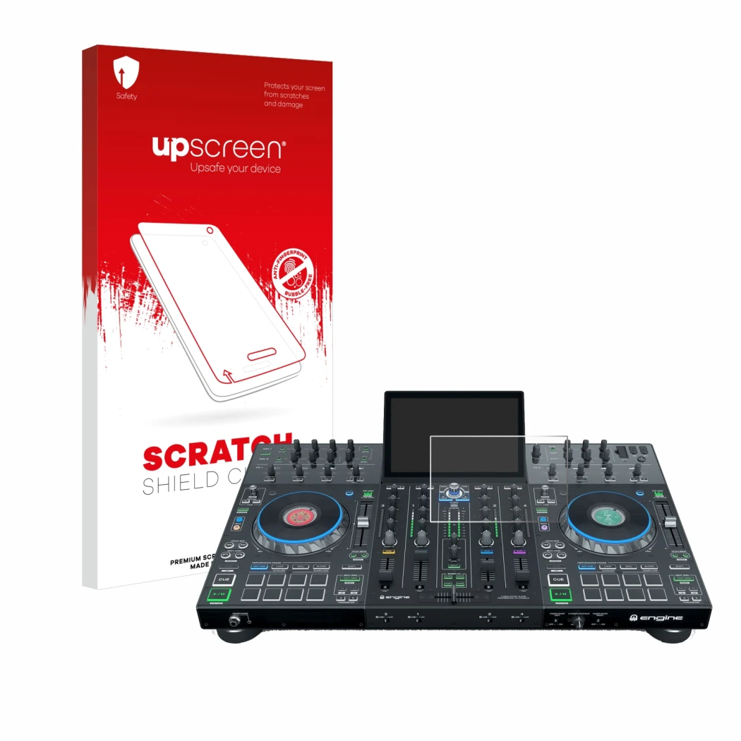 Vorderseite einer Produktverpackung mit dem Markenlogo upscreen. Daneben ist das Gerät Denon DJ Prime 4 mit dem zugehörigen Di
