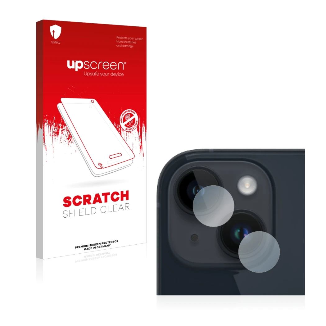 Vorderseite einer Produktverpackung mit dem Markenlogo upscreen. Daneben ist das Gerät Apple iPhone 14 Plus (NUR Kameraschutz)
