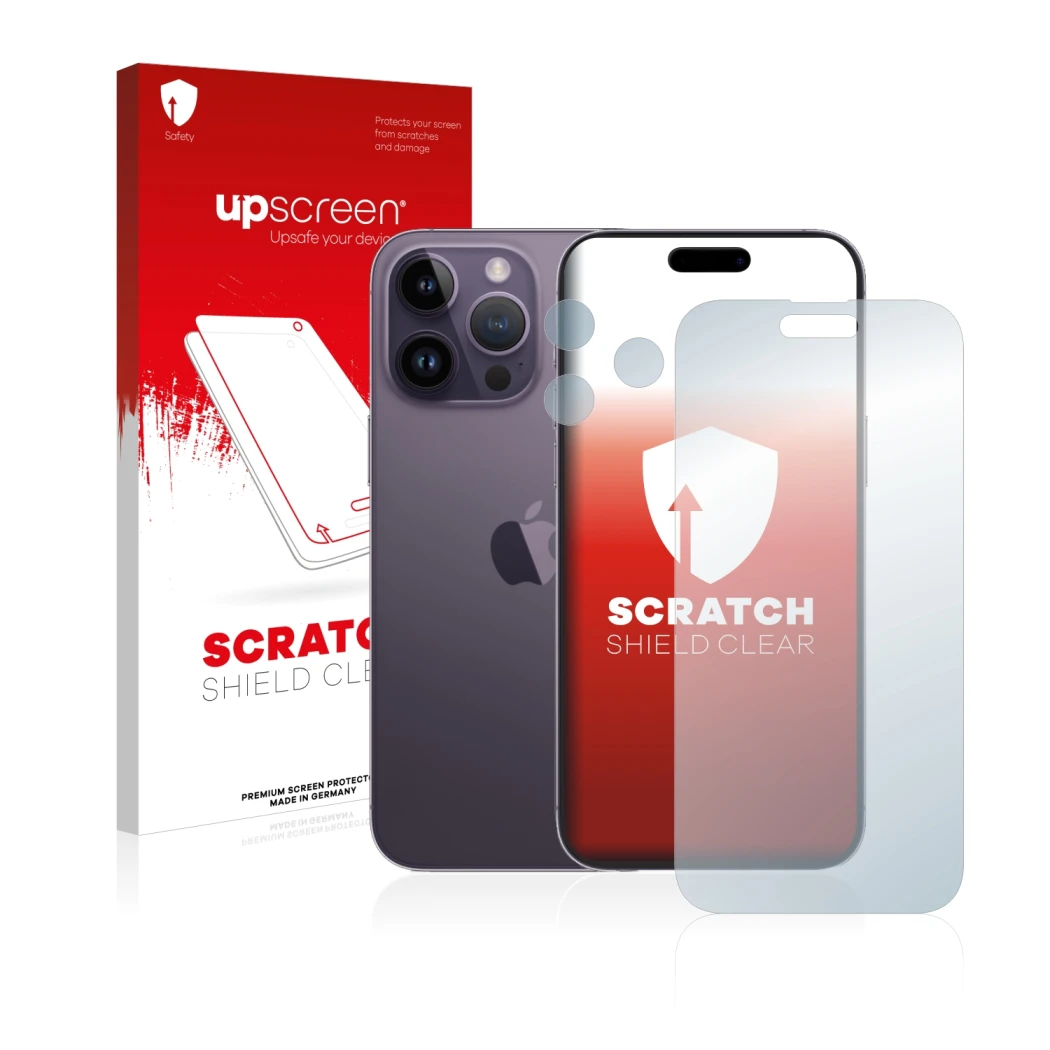 Vorderseite einer Produktverpackung mit dem Markenlogo upscreen. Daneben ist das Gerät Apple iPhone 14 Pro Max (Display+Kamera