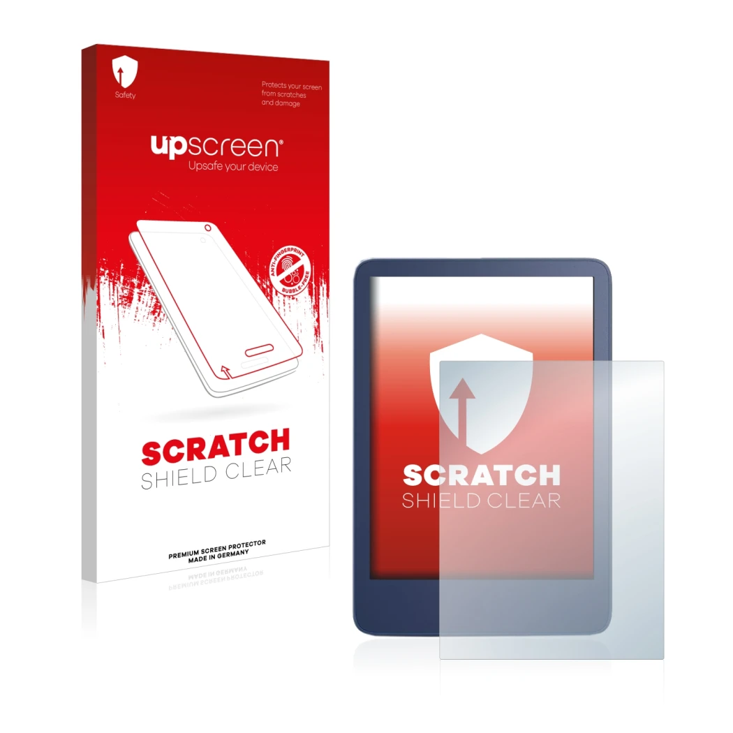 Vorderseite einer Produktverpackung mit dem Markenlogo upscreen. Daneben ist das Gerät Amazon Kindle Reader 2022 mit dem zugeh