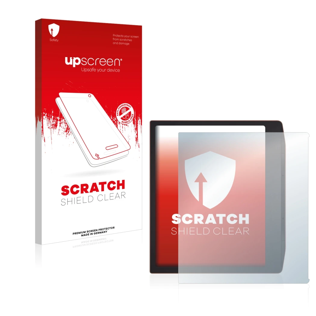 Vorderseite einer Produktverpackung mit dem Markenlogo upscreen. Daneben ist das Gerät PocketBook Era mit dem zugehörigen Disp
