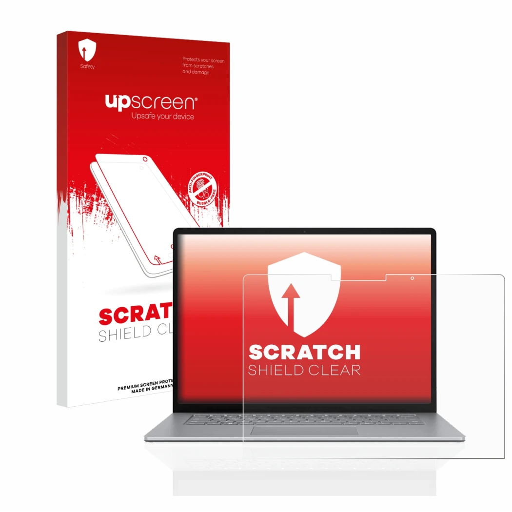 Vorderseite einer Produktverpackung mit dem Markenlogo upscreen. Daneben ist das Gerät Microsoft Surface Laptop 5 13.5