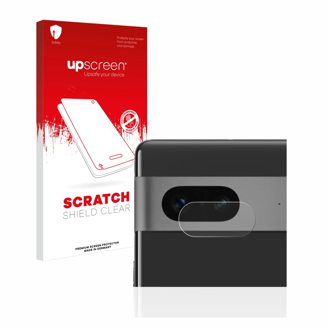 Vorderseite einer Produktverpackung mit dem Markenlogo upscreen. Daneben ist das Gerät Google Pixel 7 (NUR Kameraschutz) mit d