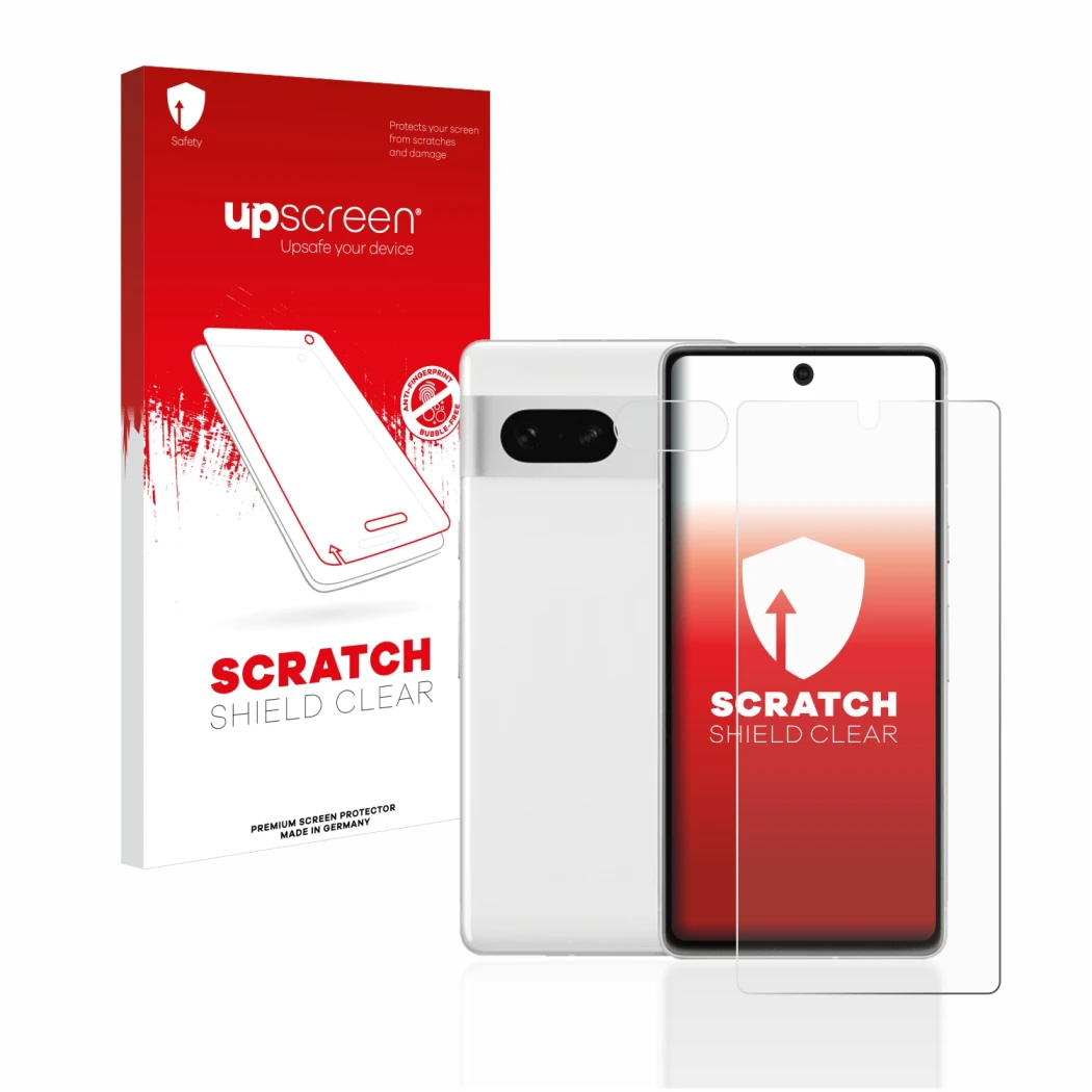 Vorderseite einer Produktverpackung mit dem Markenlogo upscreen. Daneben ist das Gerät Google Pixel 7 (Display+Kamera) mit dem