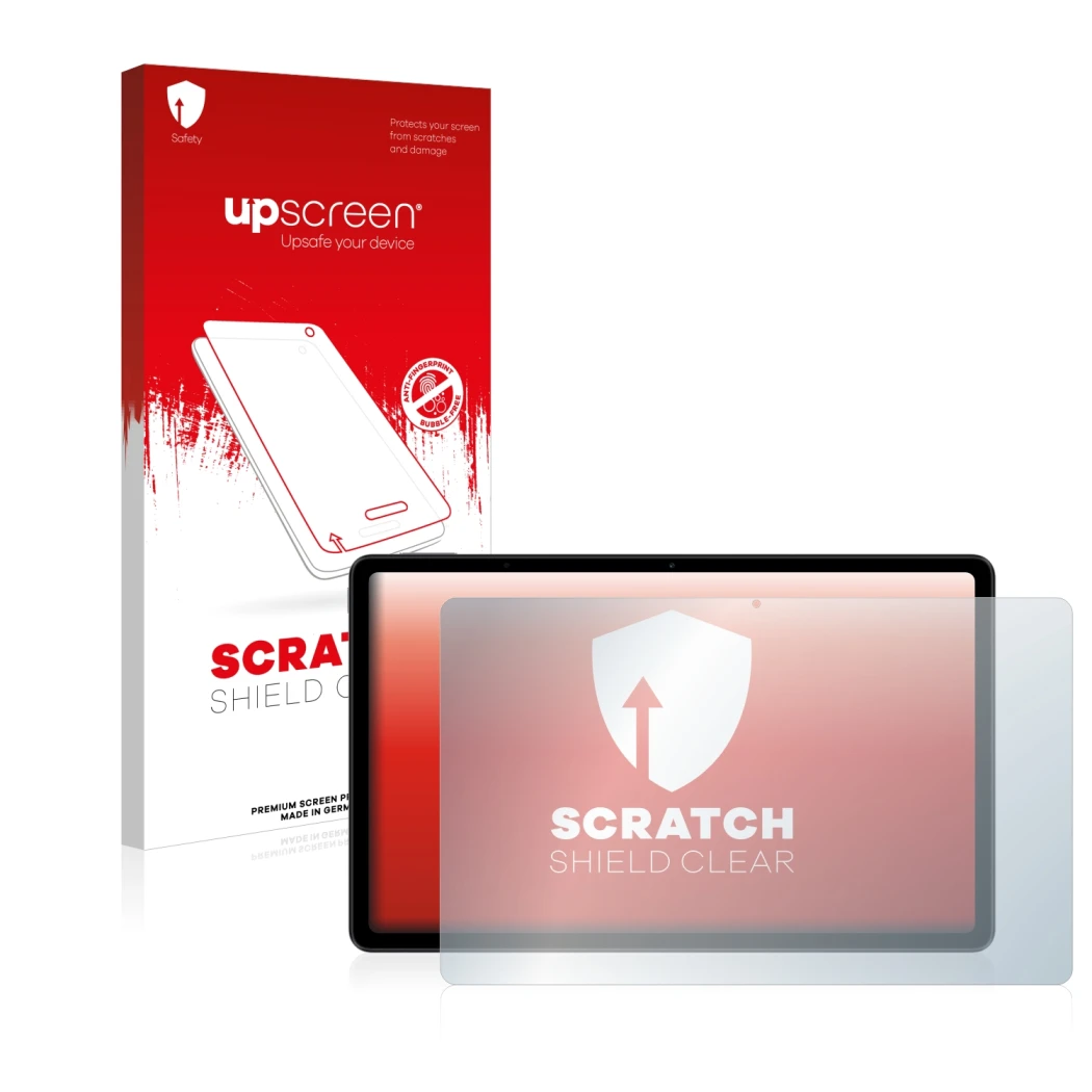 Vorderseite einer Produktverpackung mit dem Markenlogo upscreen. Daneben ist das Gerät Xiaomi Redmi Pad (im Querformat) mit de