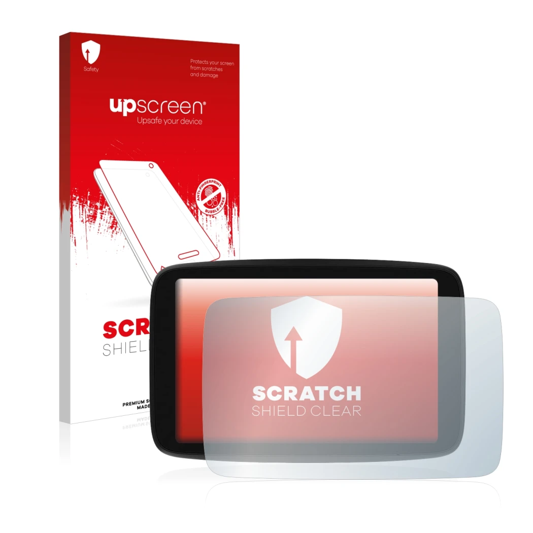 Vorderseite einer Produktverpackung mit dem Markenlogo upscreen. Daneben ist das Gerät TomTom GO Camper Max mit dem zugehörige