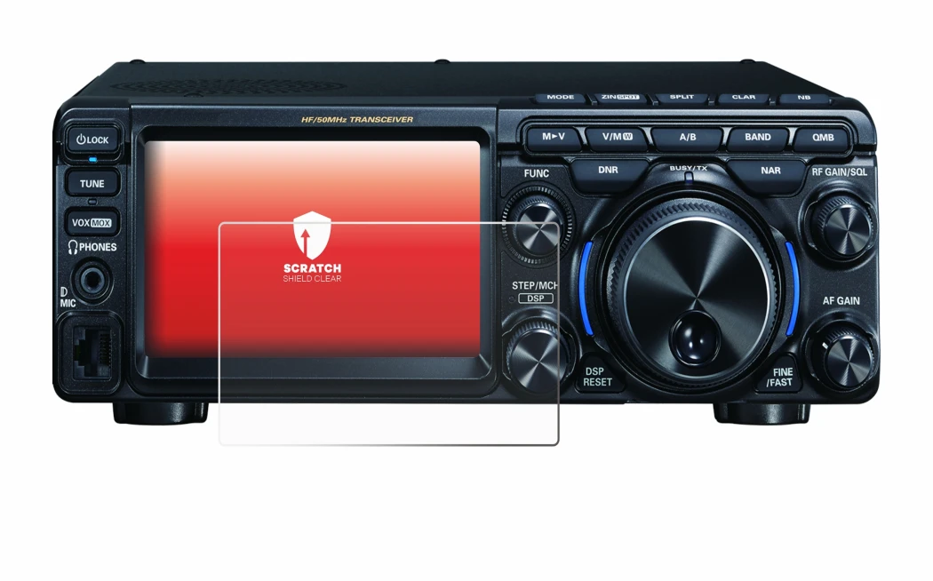 Abbildung des Geräts Yaesu FT-710 mit einer Vielzahl des Displayschutzes.