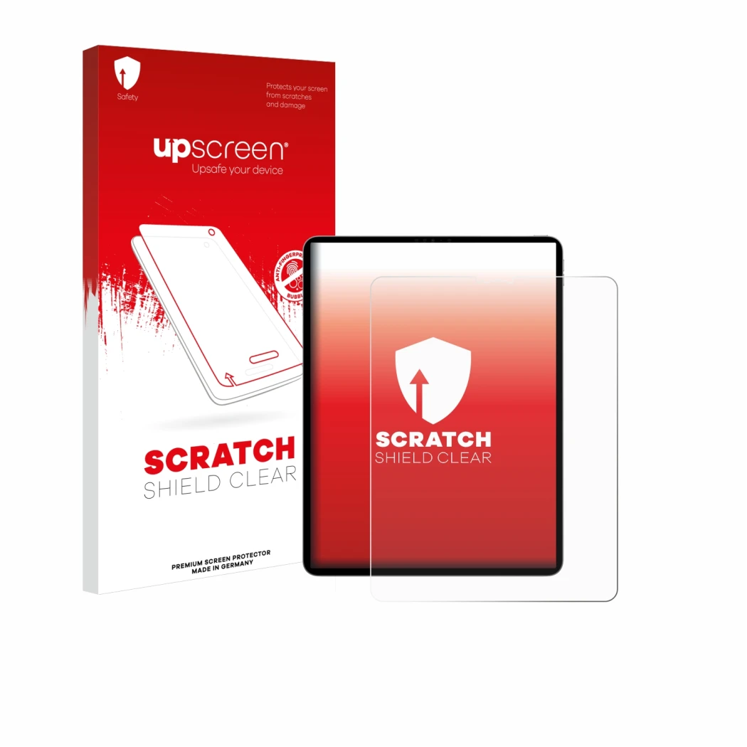 Vorderseite einer Produktverpackung mit dem Markenlogo upscreen. Daneben ist das Gerät Apple iPad Pro 12.9