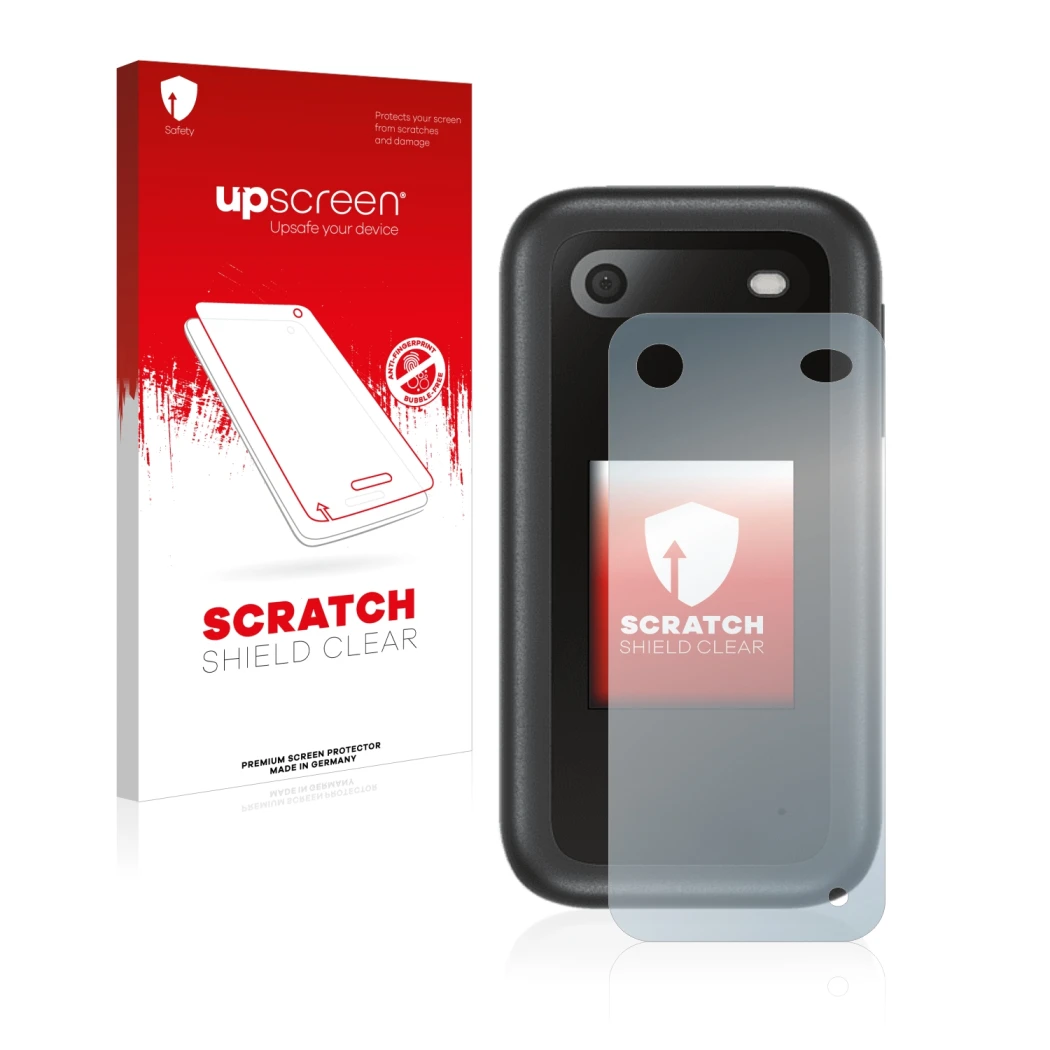 Vorderseite einer Produktverpackung mit dem Markenlogo upscreen. Daneben ist das Gerät Nokia 2660 Flip (Rückseite) mit dem zug