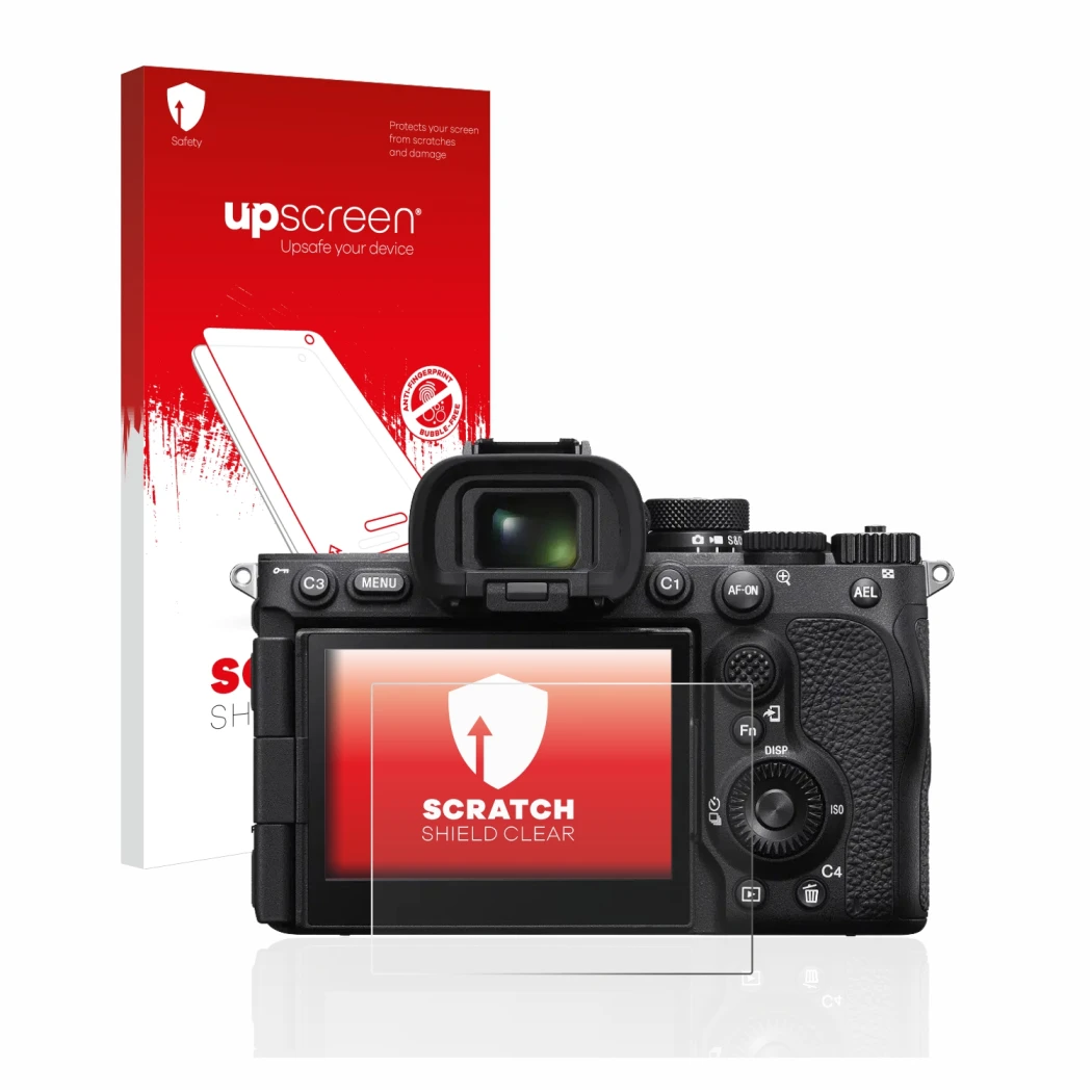 Vorderseite einer Produktverpackung mit dem Markenlogo upscreen. Daneben ist das Gerät Sony Alpha 7R V / a7R V mit dem zugehör