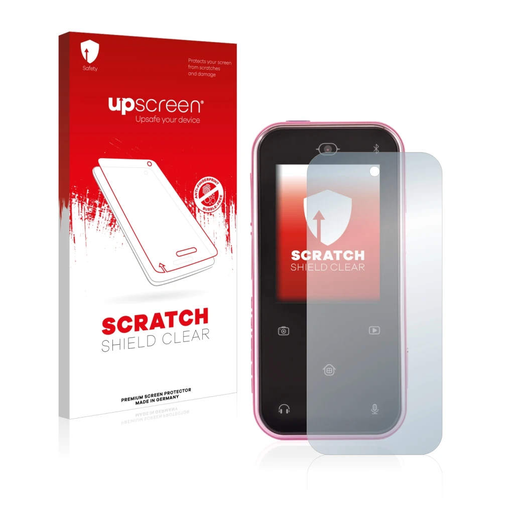 Vorderseite einer Produktverpackung mit dem Markenlogo upscreen. Daneben ist das Gerät Vtech Kidizoom Snap Touch mit dem zugeh