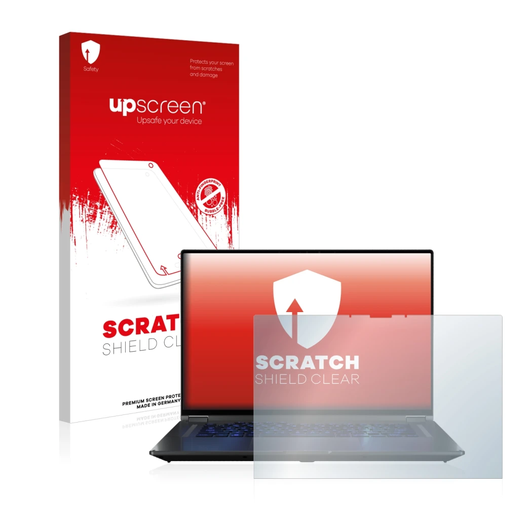 Vorderseite einer Produktverpackung mit dem Markenlogo upscreen. Daneben ist das Gerät ASUS ROG Flow X16 mit dem zugehörigen D