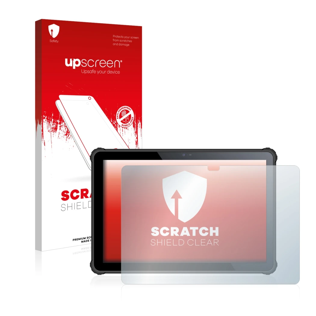 Vorderseite einer Produktverpackung mit dem Markenlogo upscreen. Daneben ist das Gerät Oukitel RT2 mit dem zugehörigen Display
