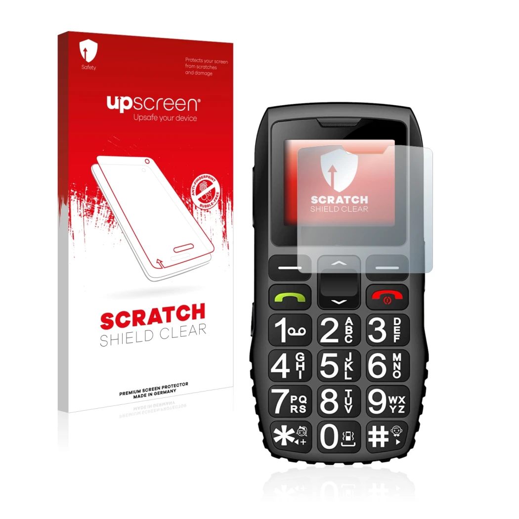 Vorderseite einer Produktverpackung mit dem Markenlogo upscreen. Daneben ist das Gerät artfone C1 Plus mit dem zugehörigen Dis
