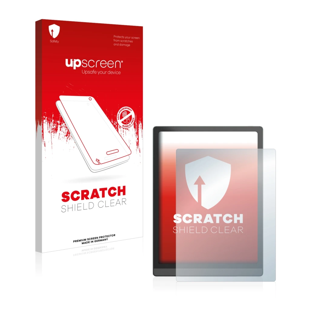 Vorderseite einer Produktverpackung mit dem Markenlogo upscreen. Daneben ist das Gerät Boox Tab X mit dem zugehörigen Displays