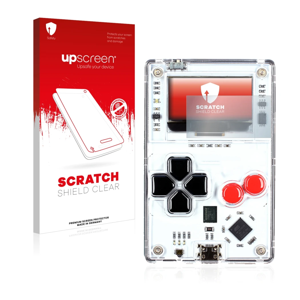 Vorderseite einer Produktverpackung mit dem Markenlogo upscreen. Daneben ist das Gerät Arduboy FX mit dem zugehörigen Displays