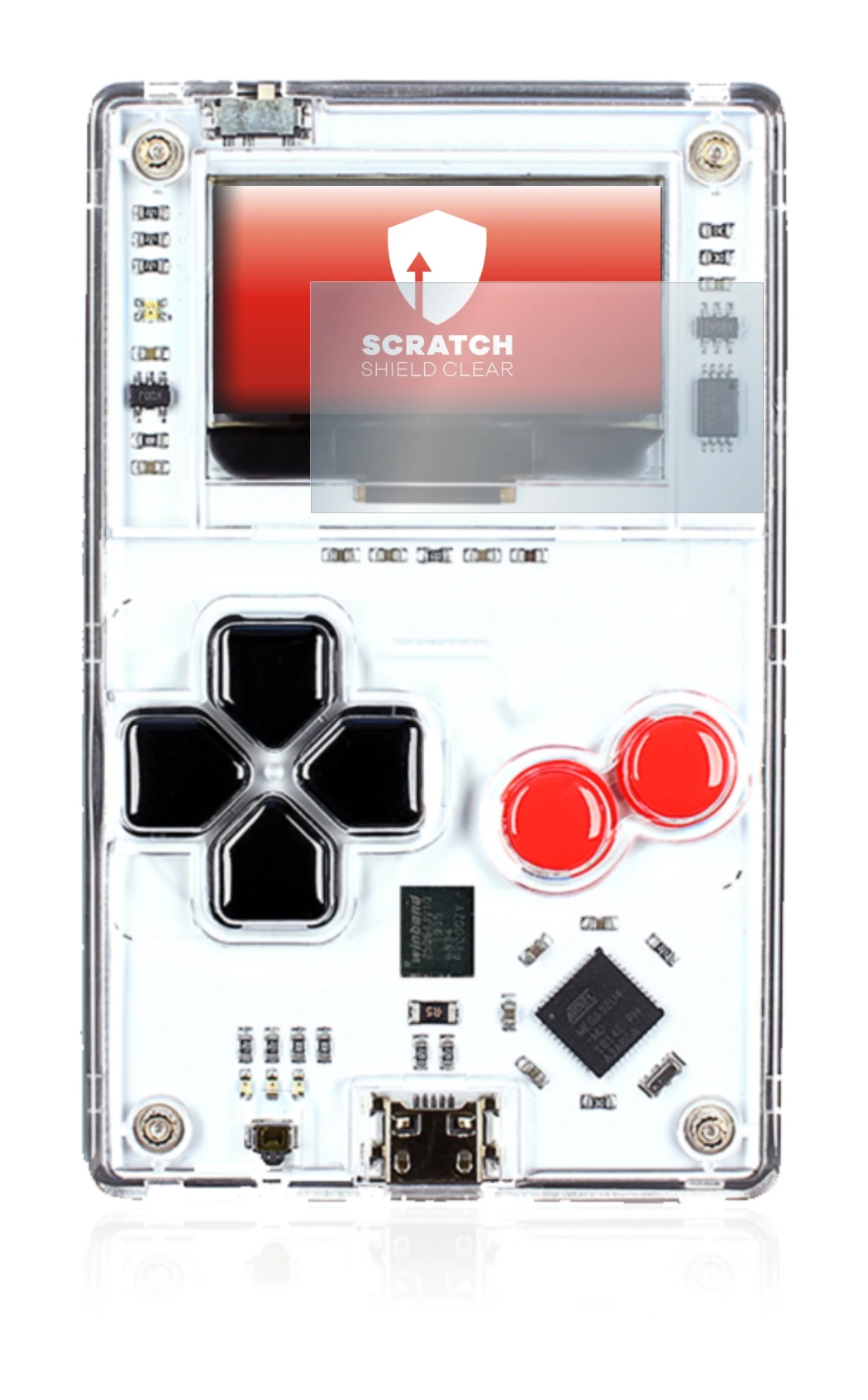 Abbildung des Geräts Arduboy FX mit einer Vielzahl des Displayschutzes.
