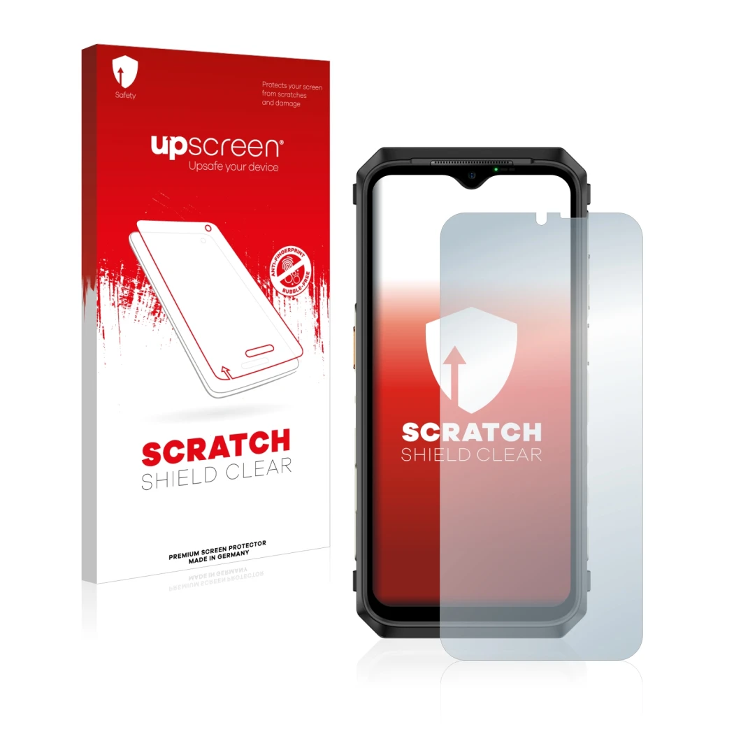 Vorderseite einer Produktverpackung mit dem Markenlogo upscreen. Daneben ist das Gerät Ulefone Power Armor 18T mit dem zugehör