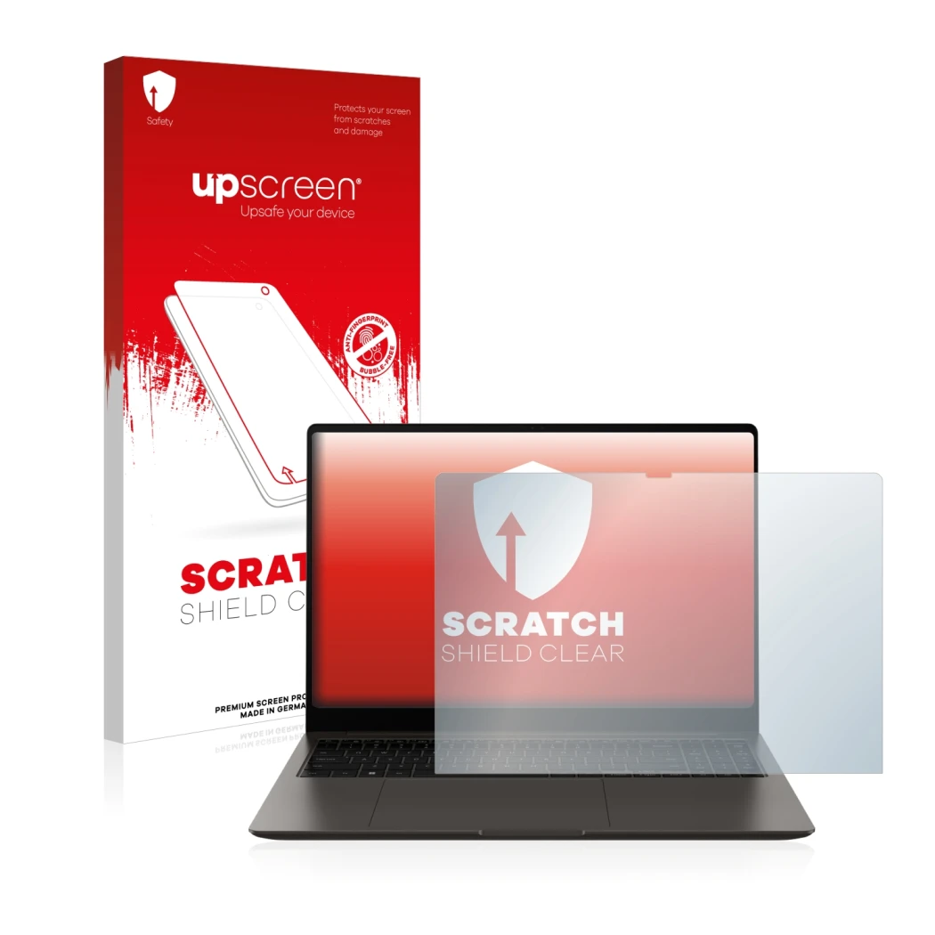 Vorderseite einer Produktverpackung mit dem Markenlogo upscreen. Daneben ist das Gerät Samsung Galaxy Book3 Ultra 16