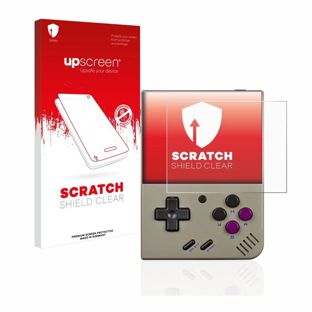 Vorderseite einer Produktverpackung mit dem Markenlogo upscreen. Daneben ist das Gerät Miyoo Mini Plus mit dem zugehörigen Dis