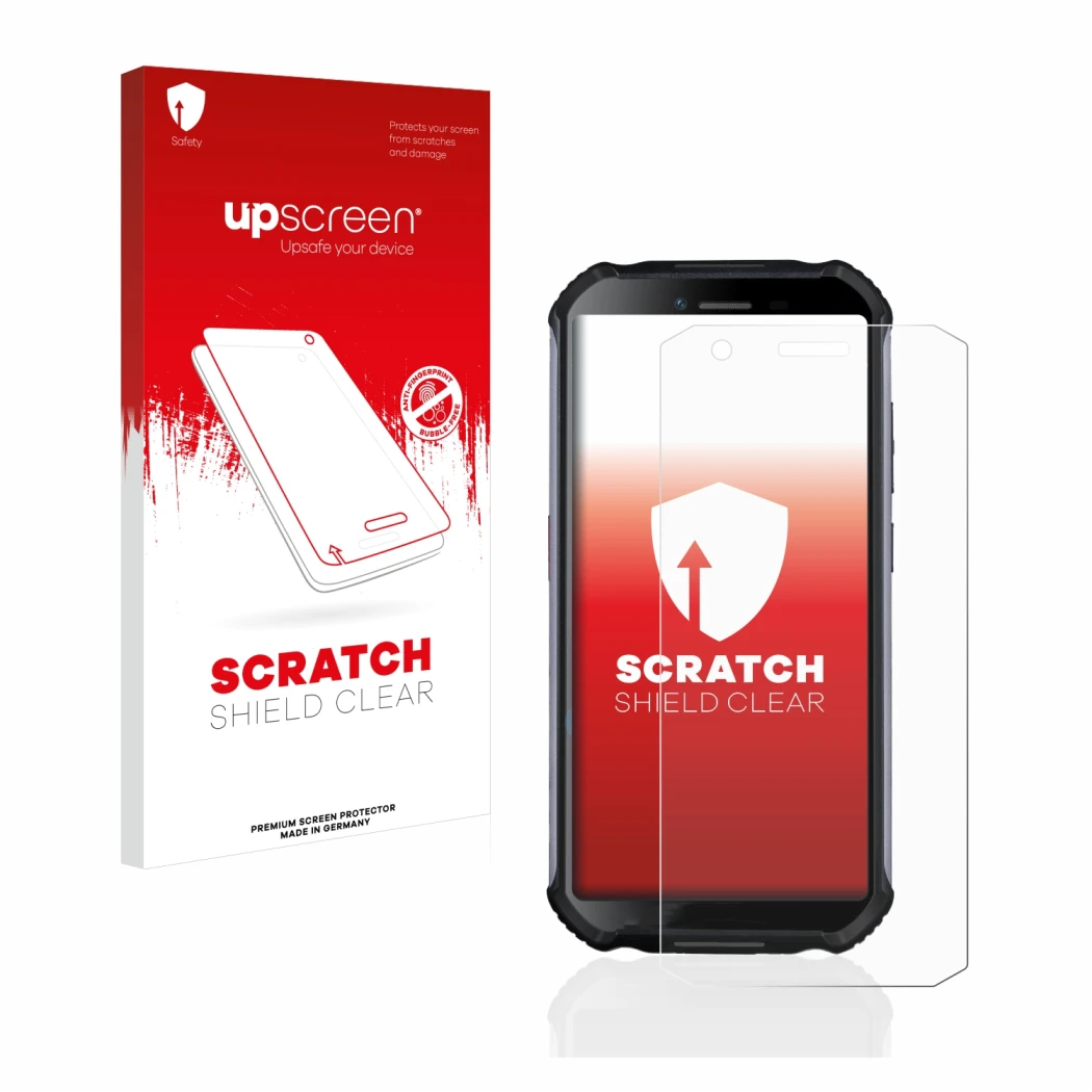 Vorderseite einer Produktverpackung mit dem Markenlogo upscreen. Daneben ist das Gerät Doogee S41 mit dem zugehörigen Displays