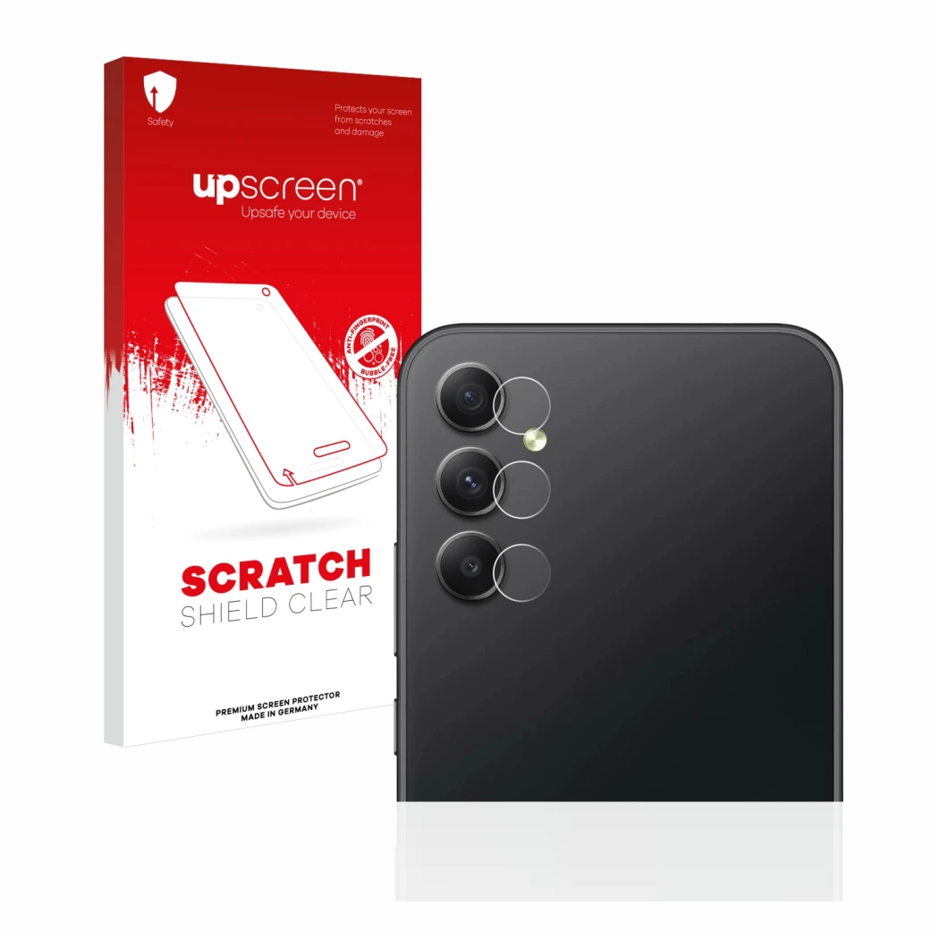 Vorderseite einer Produktverpackung mit dem Markenlogo upscreen. Daneben ist das Gerät Samsung Galaxy A34 5G (NUR Kameraschutz