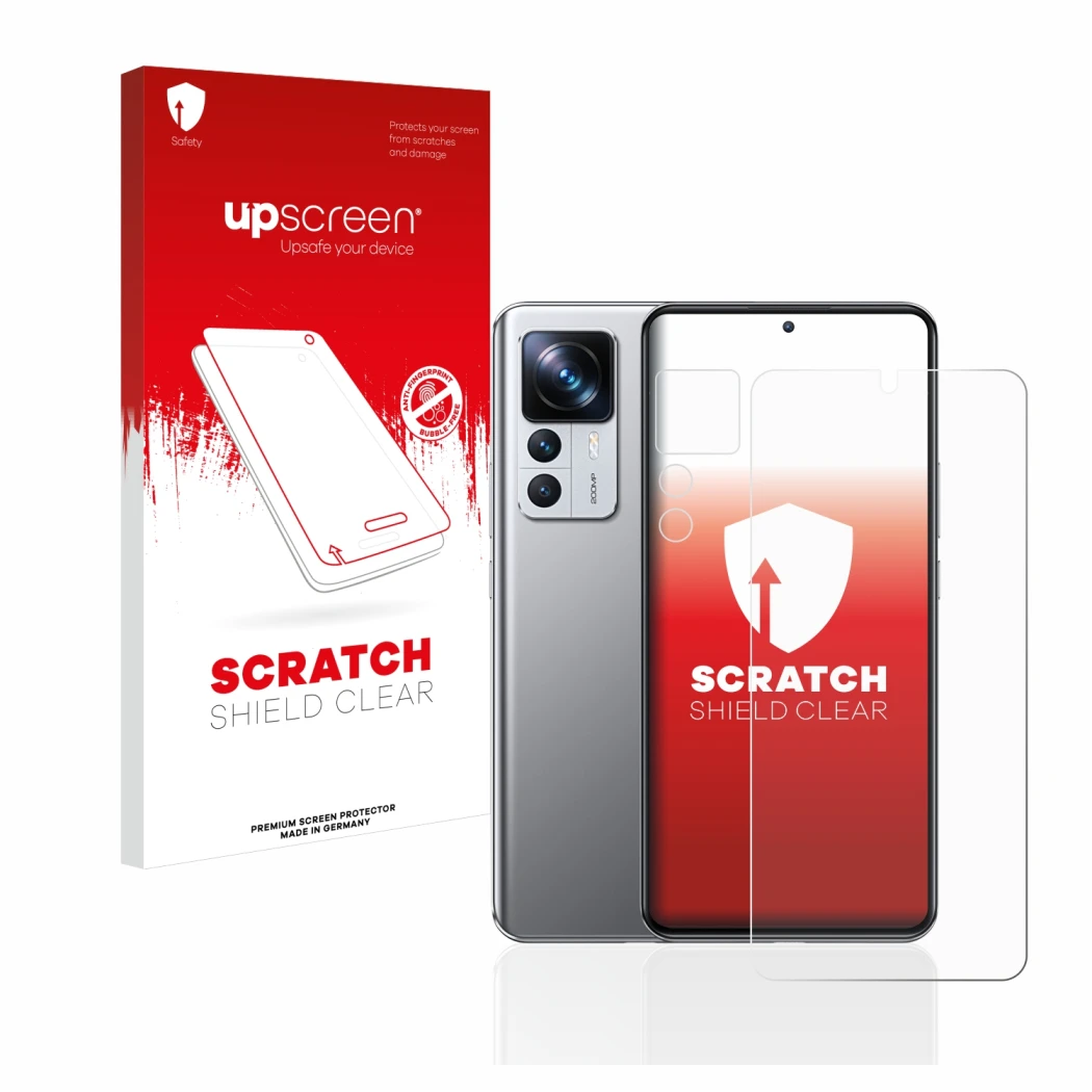 Vorderseite einer Produktverpackung mit dem Markenlogo upscreen. Daneben ist das Gerät Xiaomi 12T Pro (Display+Kamera) mit dem
