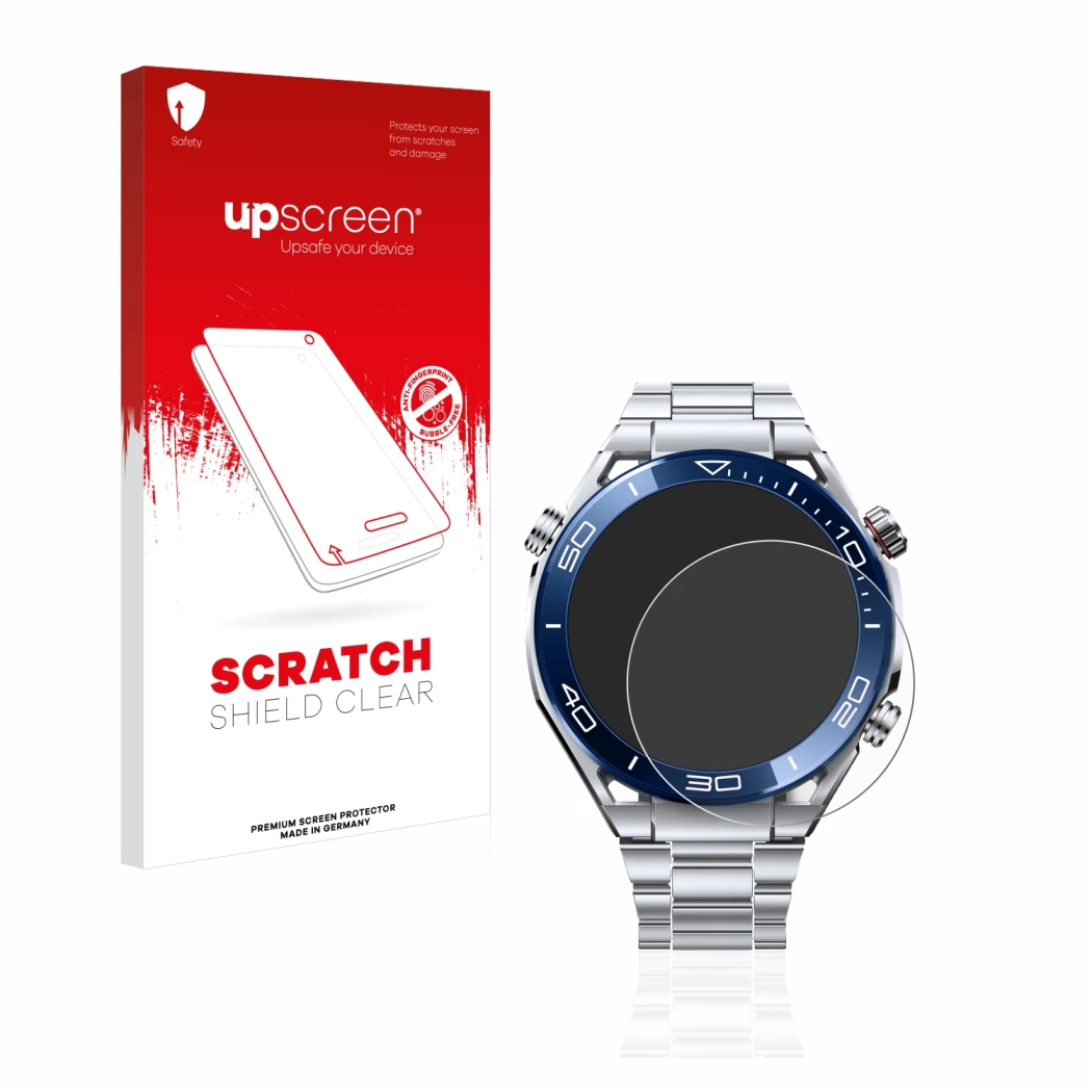 Vorderseite einer Produktverpackung mit dem Markenlogo upscreen. Daneben ist das Gerät Huawei Watch Ultimate (48.5 mm) mit dem