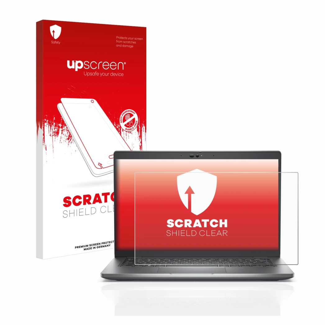 Vorderseite einer Produktverpackung mit dem Markenlogo upscreen. Daneben ist das Gerät Dell Latitude 5430 Touch mit dem zugehö