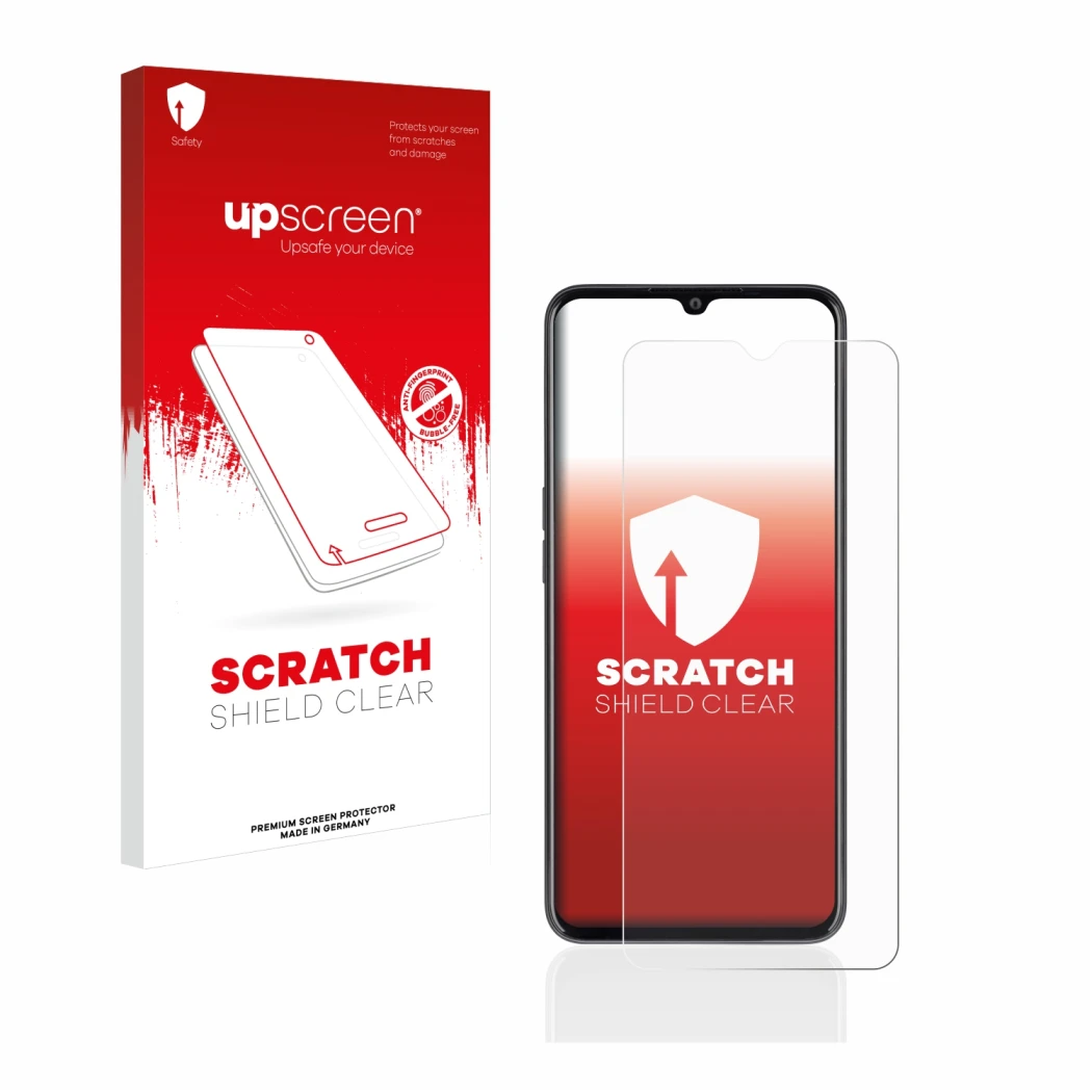 Vorderseite einer Produktverpackung mit dem Markenlogo upscreen. Daneben ist das Gerät Oppo A77 5G mit dem zugehörigen Display