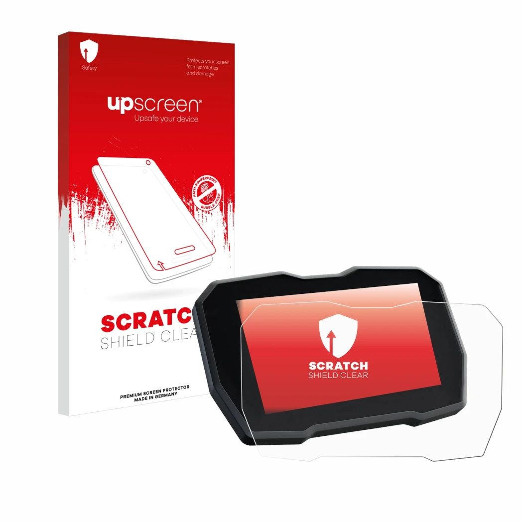 Vorderseite einer Produktverpackung mit dem Markenlogo upscreen. Daneben ist das Gerät Ducati Multistrada V4 2021+ mit dem zug