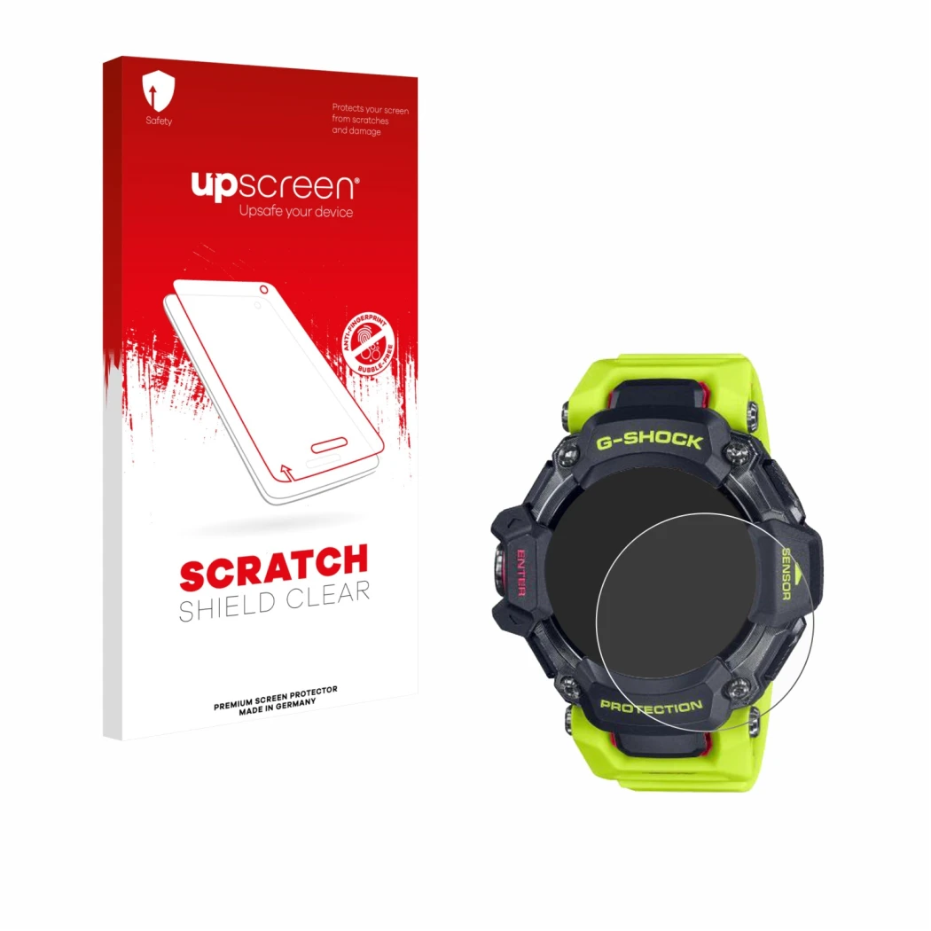 Vorderseite einer Produktverpackung mit dem Markenlogo upscreen. Daneben ist das Gerät Casio G-Shock GBD-H2000 mit dem zugehör