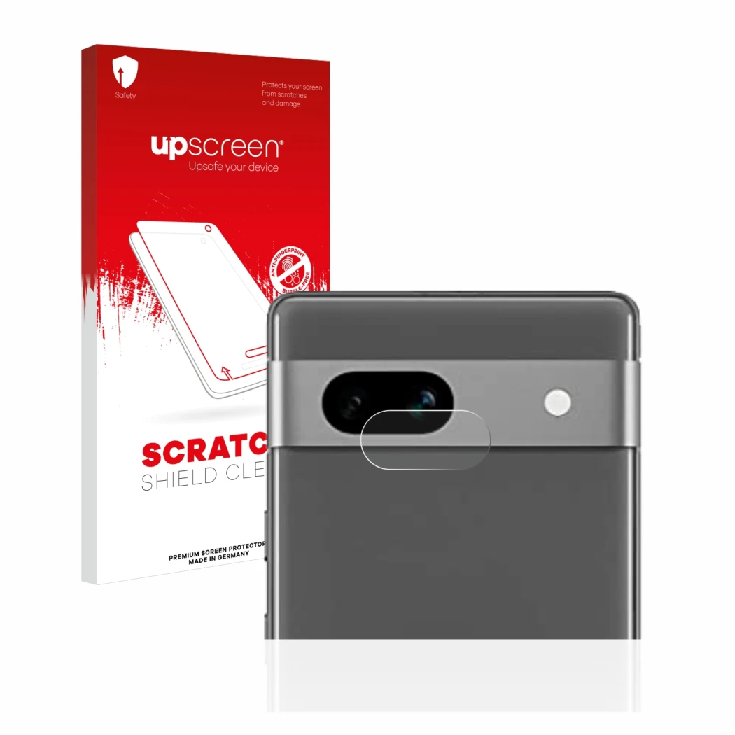 Vorderseite einer Produktverpackung mit dem Markenlogo upscreen. Daneben ist das Gerät Google Pixel 7a (NUR Kameraschutz) mit 
