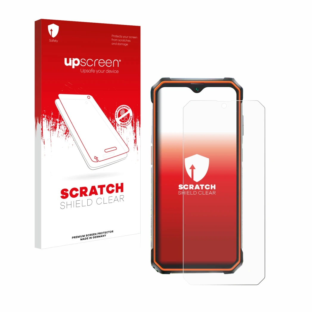 Vorderseite einer Produktverpackung mit dem Markenlogo upscreen. Daneben ist das Gerät Blackview BV9200 mit dem zugehörigen Di