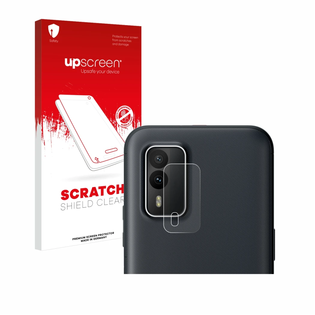 Vorderseite einer Produktverpackung mit dem Markenlogo upscreen. Daneben ist das Gerät Nokia XR21 (NUR Kameraschutz) mit dem z